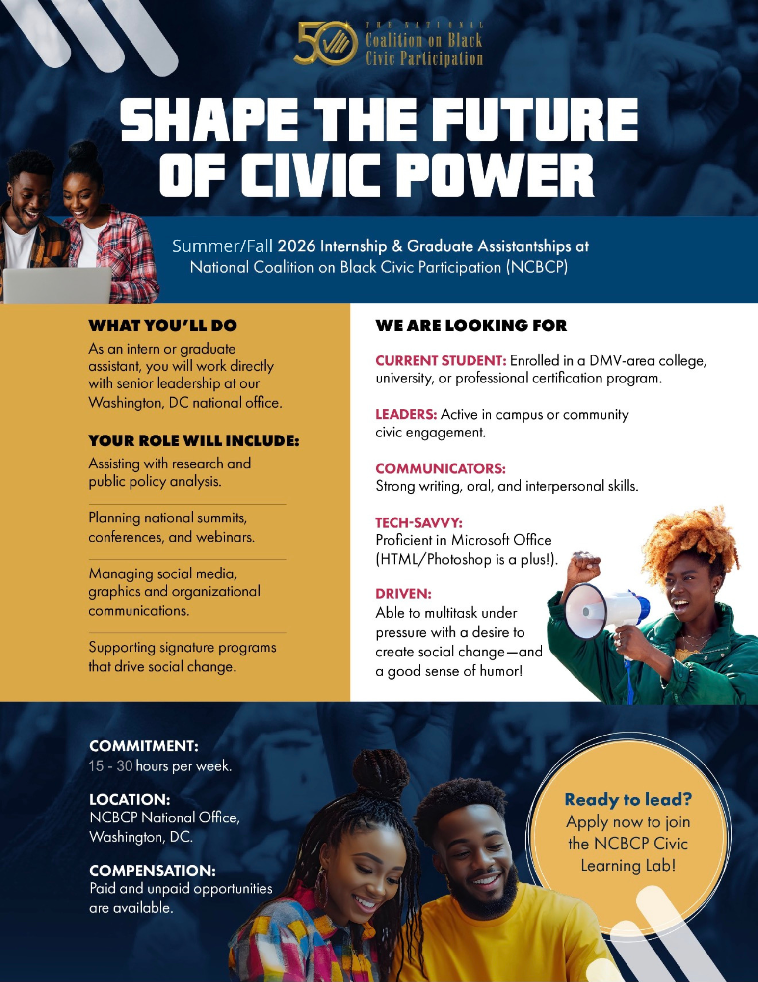 Shape the Future of Civic Power:  Summer/Fall 2026 Internship & Graduate Assistantships at NCBCP